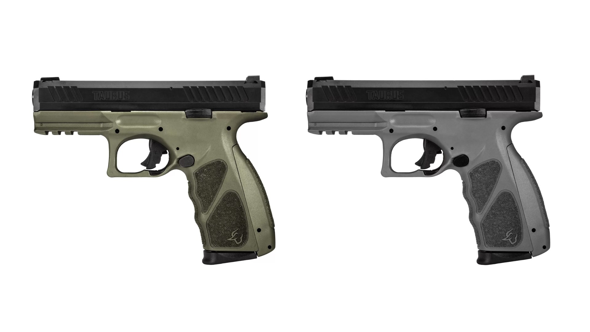 Taurus TS9 left side shown with gray and OD green frames.
