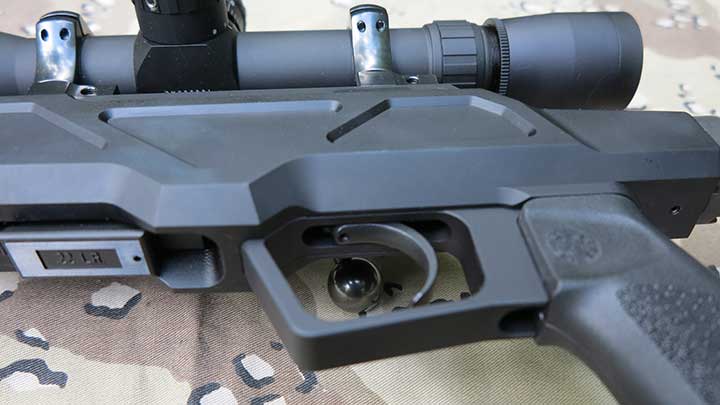 A view of the adjustable trigger and bottom of the magazine well on the CZ 457 VPC.