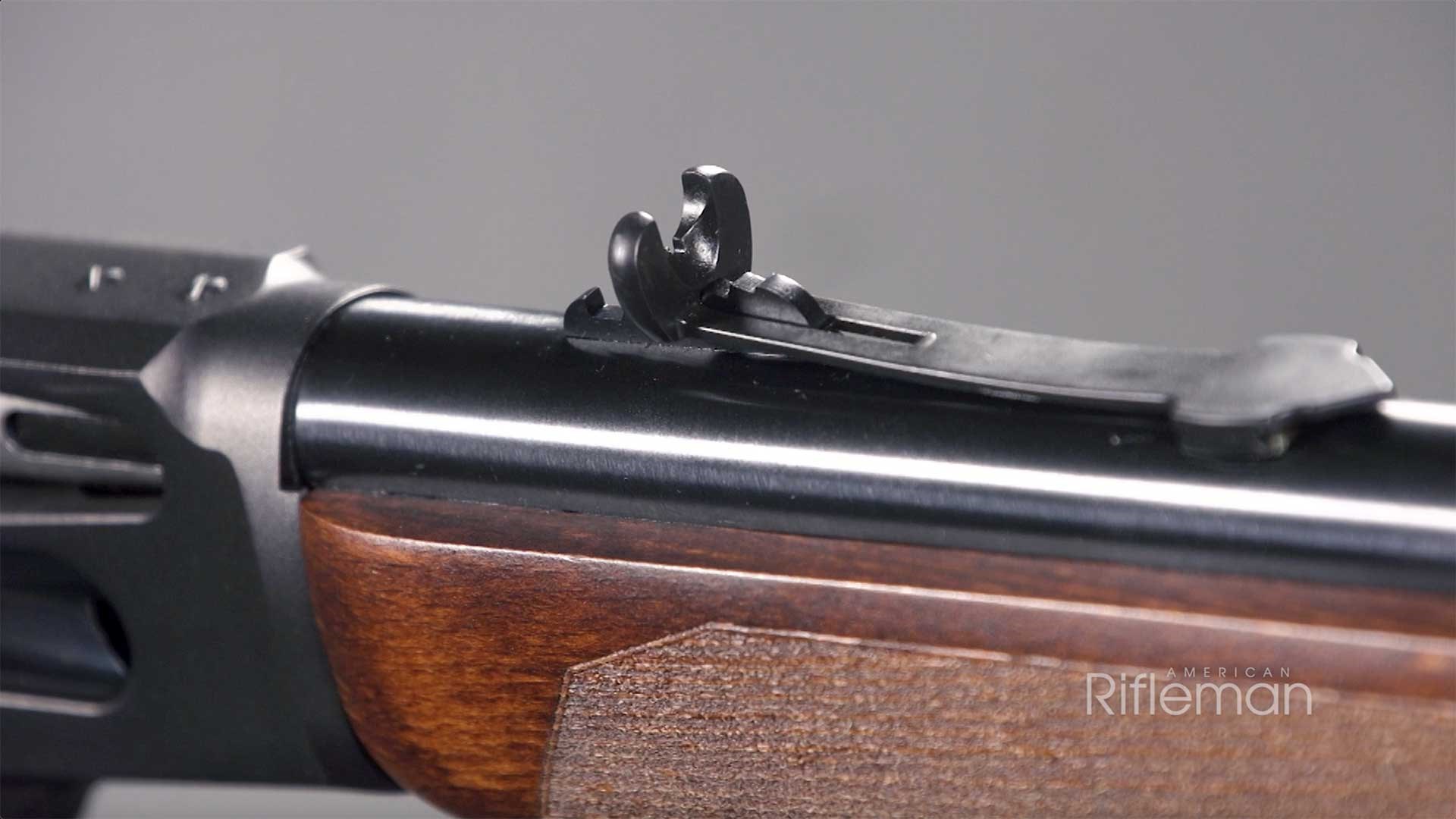 Rear sight of the Rossi R95 lever-action rifle.