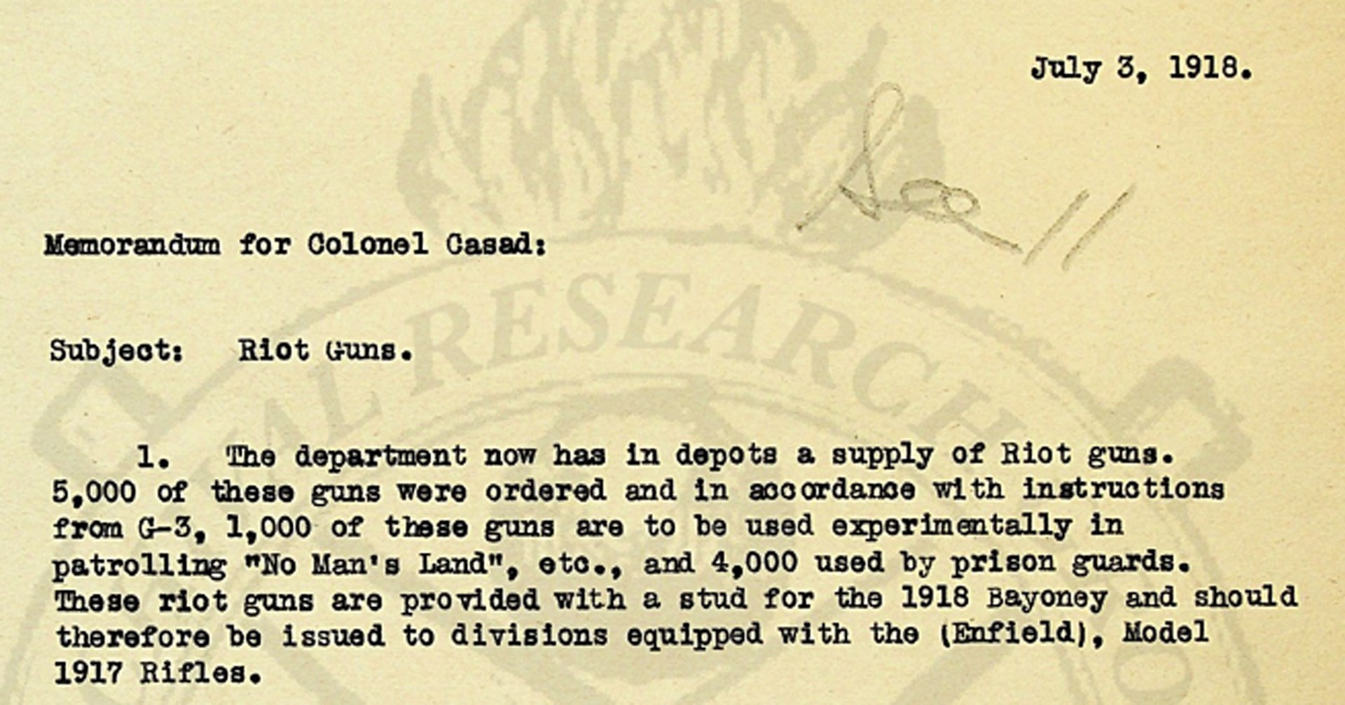 Of the initial 5,000 riot shotguns with bayonet adapters templated for use in the AEF, 80% were for use in guarding prisoners while the remaining 20% were destined for combat field trials. When this memo was written, the first shotguns were being issued to divisions for those tests. Document courtesy of Archival Research Group.