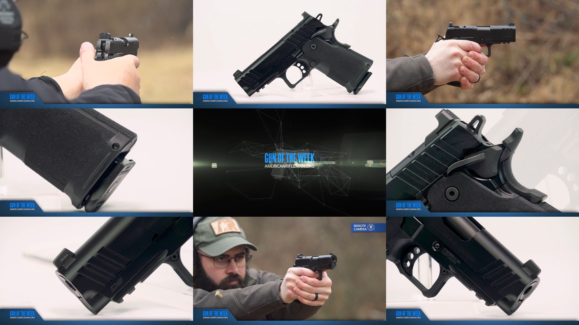 AMERICANRIFLEMAN.ORG GUN OF THE WEEK text center tile mosiac images of Springfield Armory 1911 DS Prodigy closeups outdoors men shooting gun parts pistol