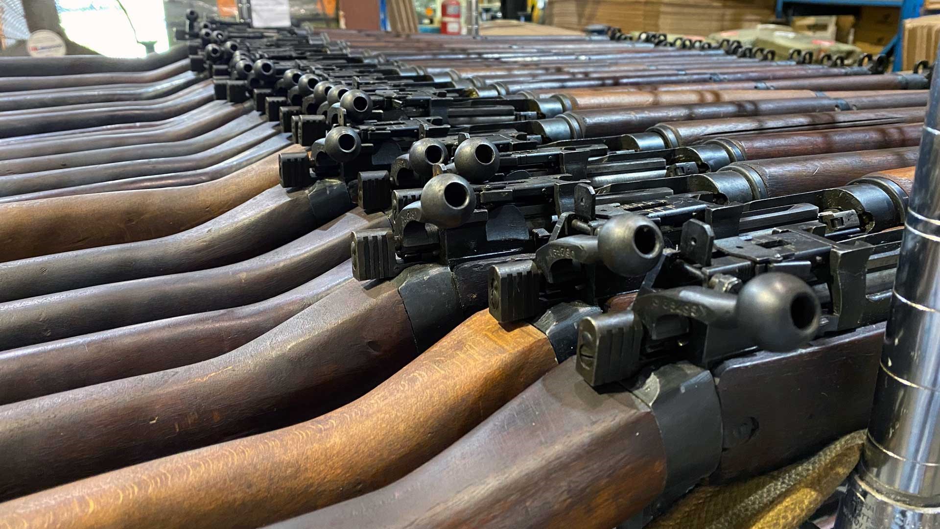 Rifles sorted for cleaning at the Navy Arms warehouse in West Virginia.