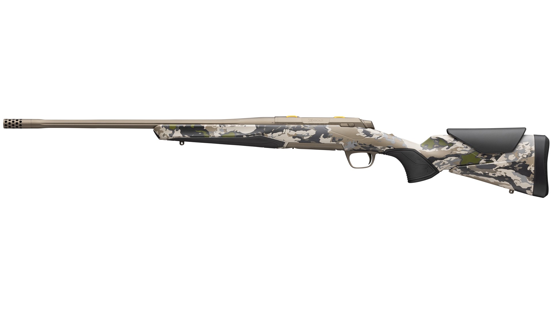 Browning X-Bolt 2 Speed SPR rifle left-side view bolt-action Ovix camouflage stock studio white background