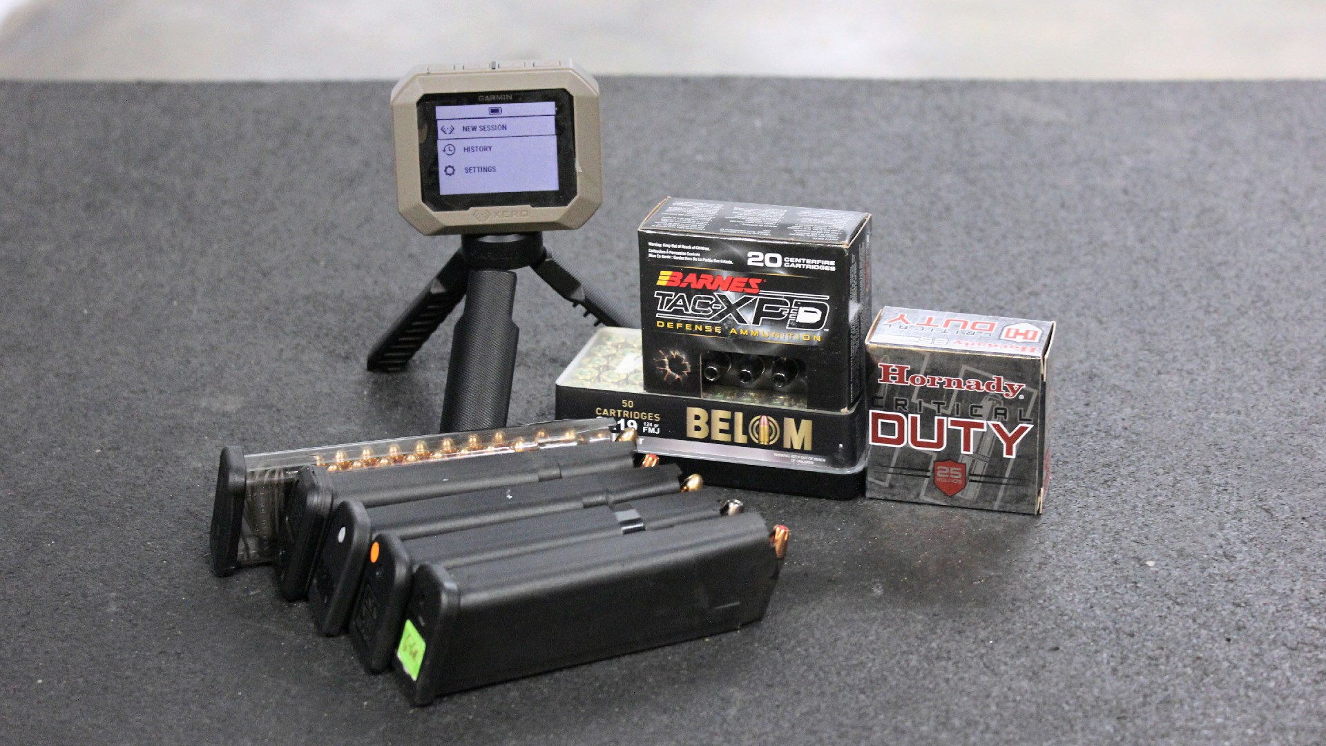 Shooting accessories including square garmin chronograph ammunition boxes detachable box magazines 9 mm