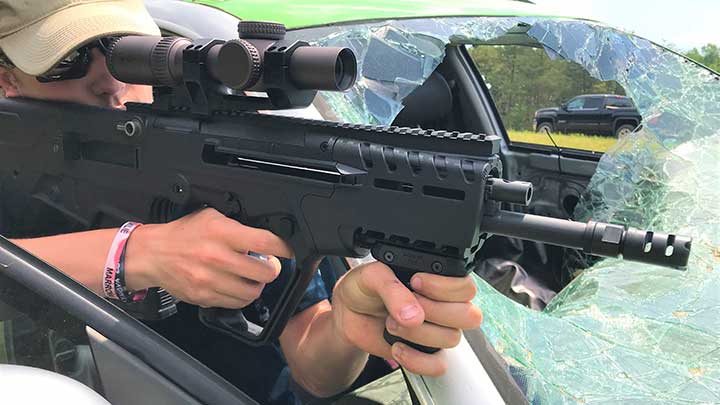 A close look at the IWI Tavor 7 from the right side during testing. Note the ambidextrous magazine release located just above the trigger guard.
