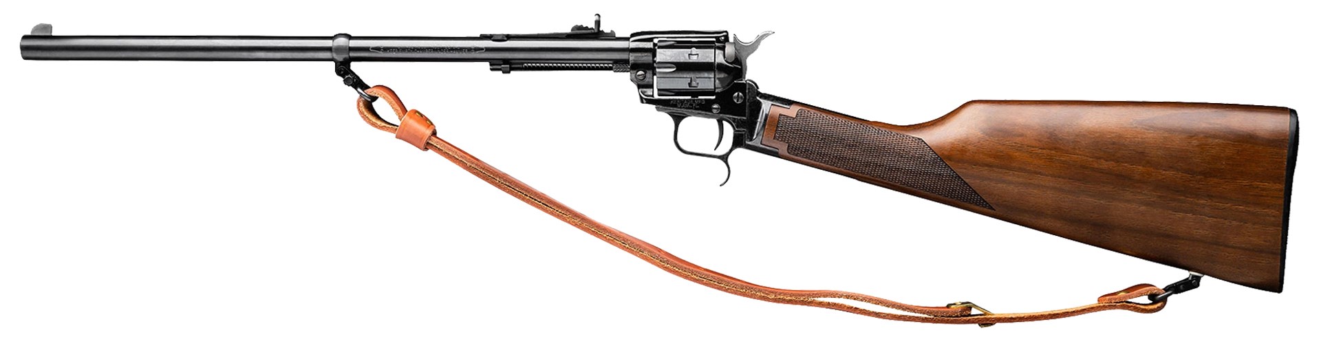 Heritage Manufacturing Rough Rider Rancher Carbine left-side view on white black metal wood stock leather sling