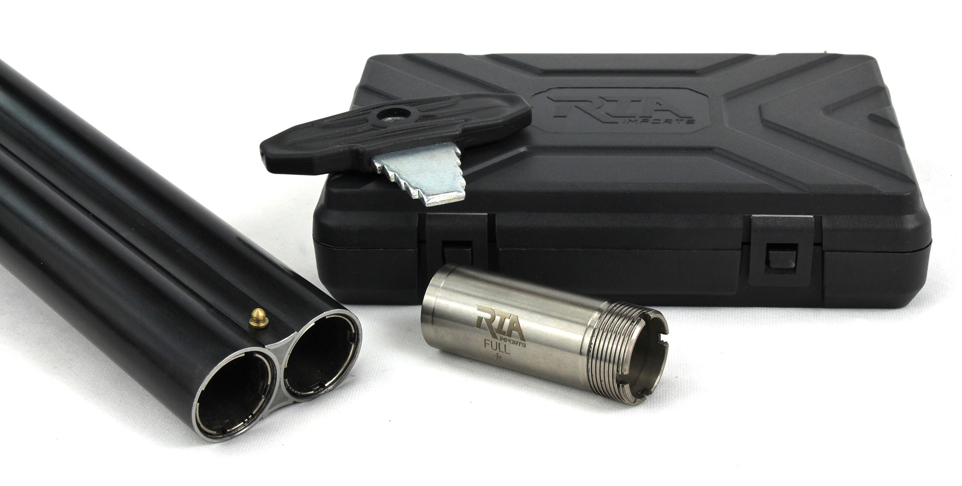 Rock Island Armory Side-By-Side 12 gauge shotgun double barrel muzzle with two adjustable chokes in a black case.