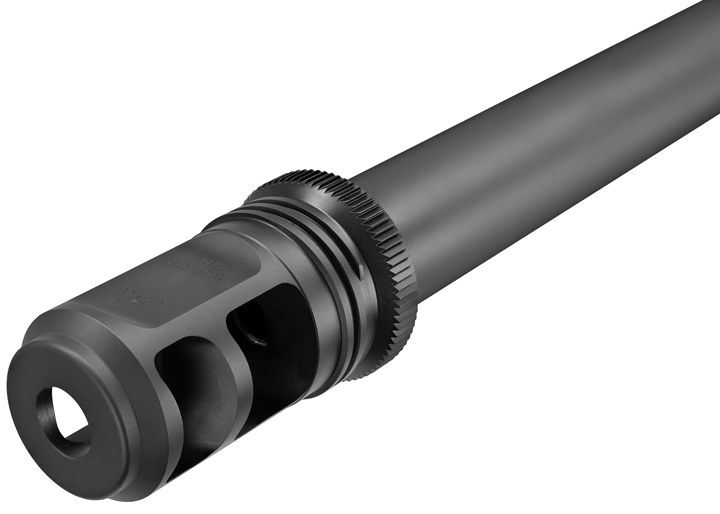 AAC muzzle brake attached a Lothar Walther barrel of Remington&#x27;s R2mi rifle.