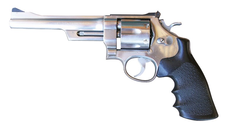 6.5" Smith & Wesson Model 624 left-side view revolver handgun stainless steel gun black grips