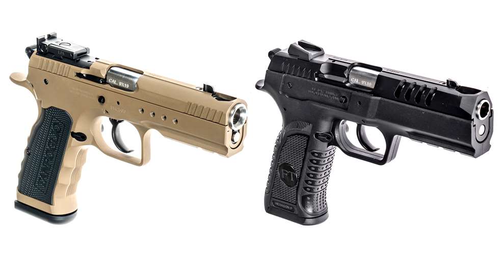 Two pistols Tangfolio Hexagon tan left black right dynamic angle muzzle facing