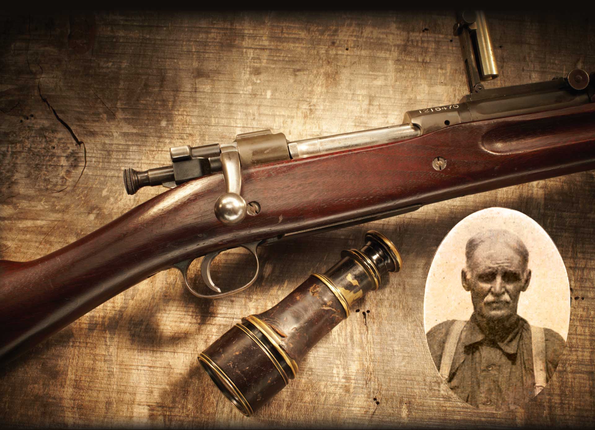 rifle gun wooden table metal parts portrait man vintage