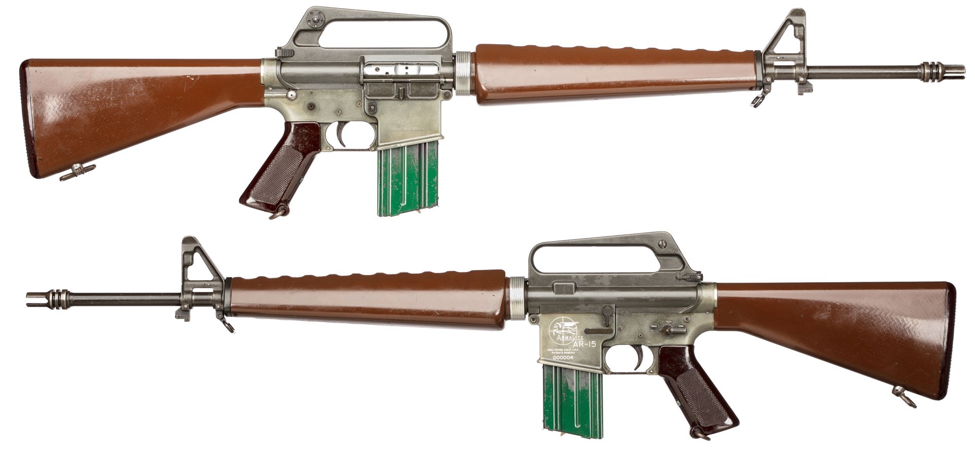 Left- and right-side view of ArmaLite prototype AR-15 S/N 000004. A 601-type upper receiver group from a later phase of the development of the AR-15 has been paired with the S/N 000004 lower despite the fact that it was first built during an earlier phase. Photo courtesy of the Institute for Military Technology