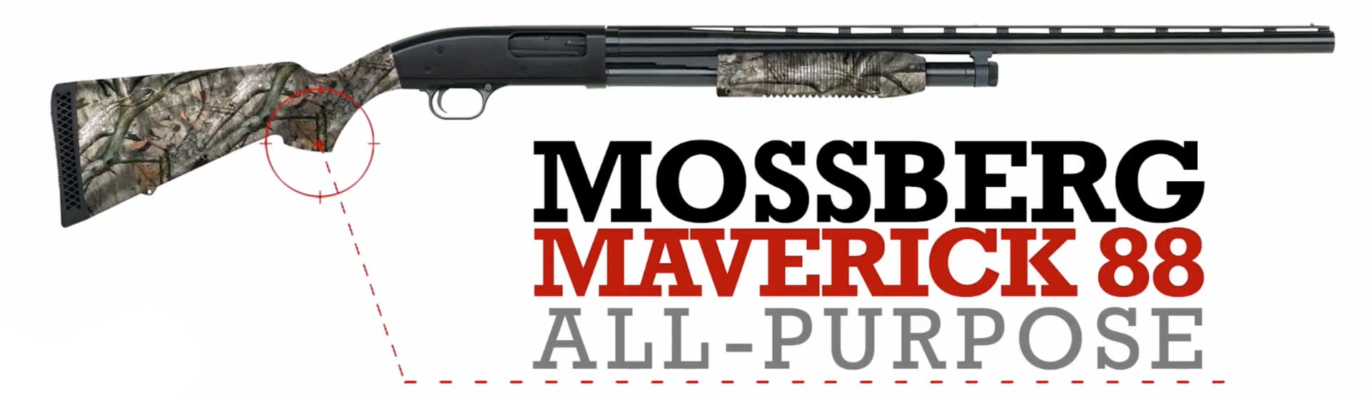 right side pump-action shotgun black metal camouflage stock text on image noting "Mossberg Maverick 88 All-Purpose"