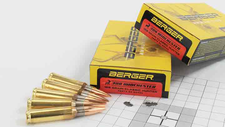 Accuracy results at 100 yds. with Berger&#x27;s 168-gr. Classic Hunter .308 Win. loading.