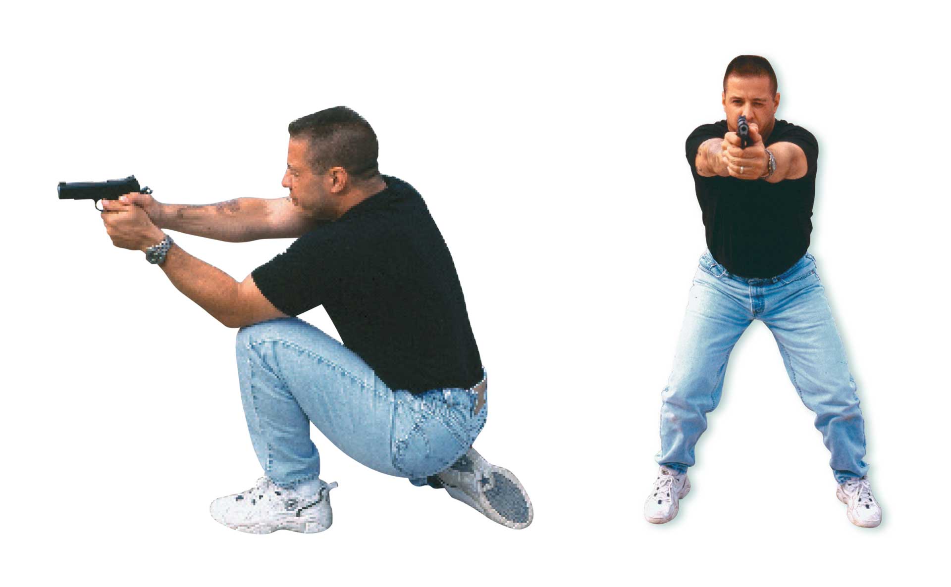Two mean wearing blue jeans black shirt showing shooting stance with handgun