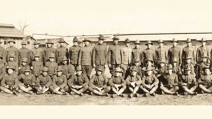 A section of a photograph of the men from Company D, 340th Infantry Regiment, 85th Infantry Division in the United States before they left for France. Note that some of the men in it have older Krag rifles. Capt. McKee had this photograph hanging on the wall of his office after the war.