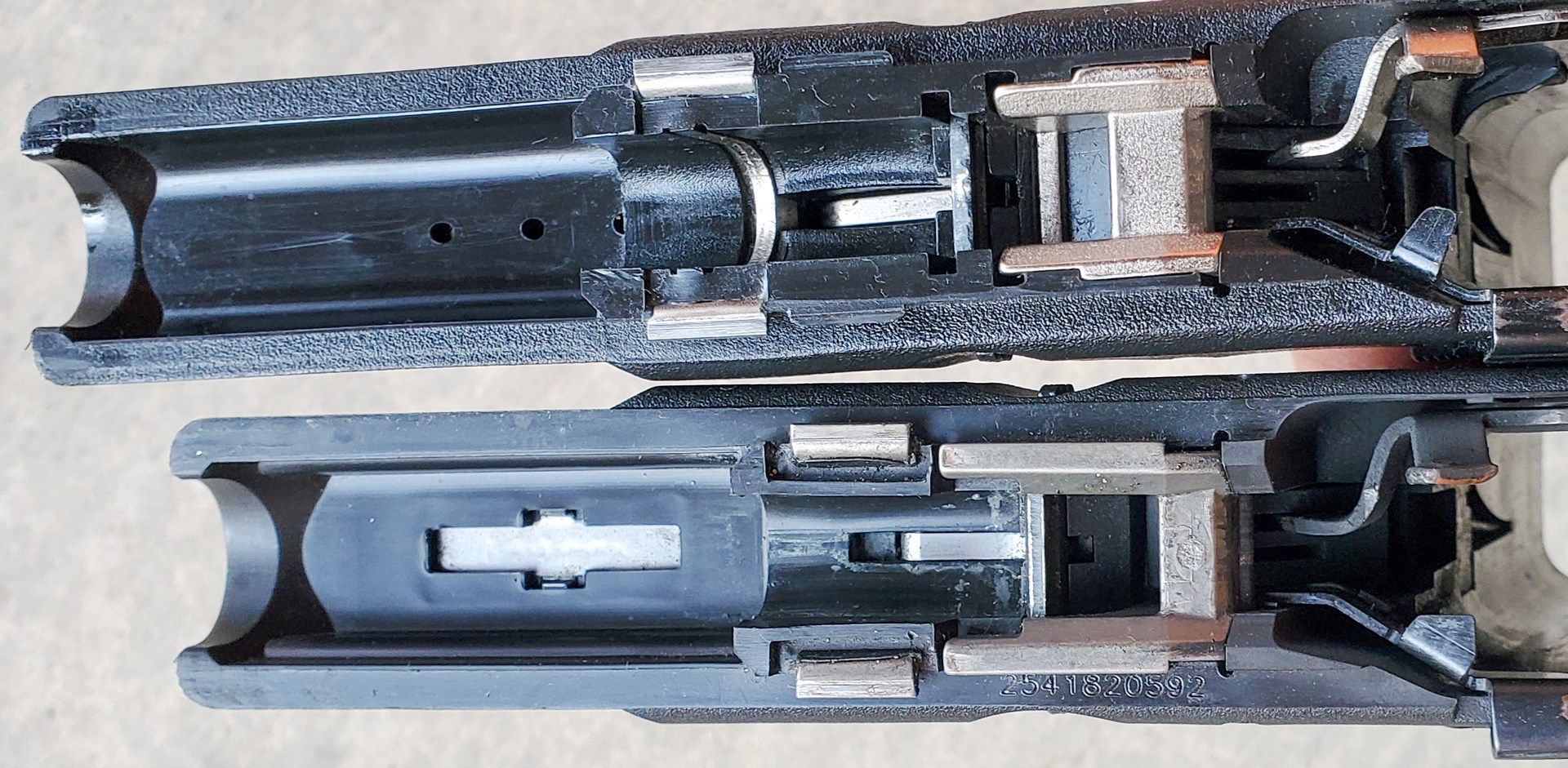 The two "legacy" photos are of pre-Gen5 Glock 17 and 19 frames side-by-side.  Note the differences in the overall lengths as well as the differences in the locking blocks.  A Gen3 G19 frame is on the bottom with a Gen2 17 frame above.