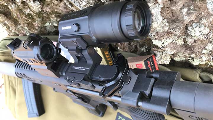 A SIG Sauer ROMEO 4 red dot was mounted onto the MPX Copperhead. A quick-detach SIG Juliet 4 magnifier was also utilized for longer range targets.