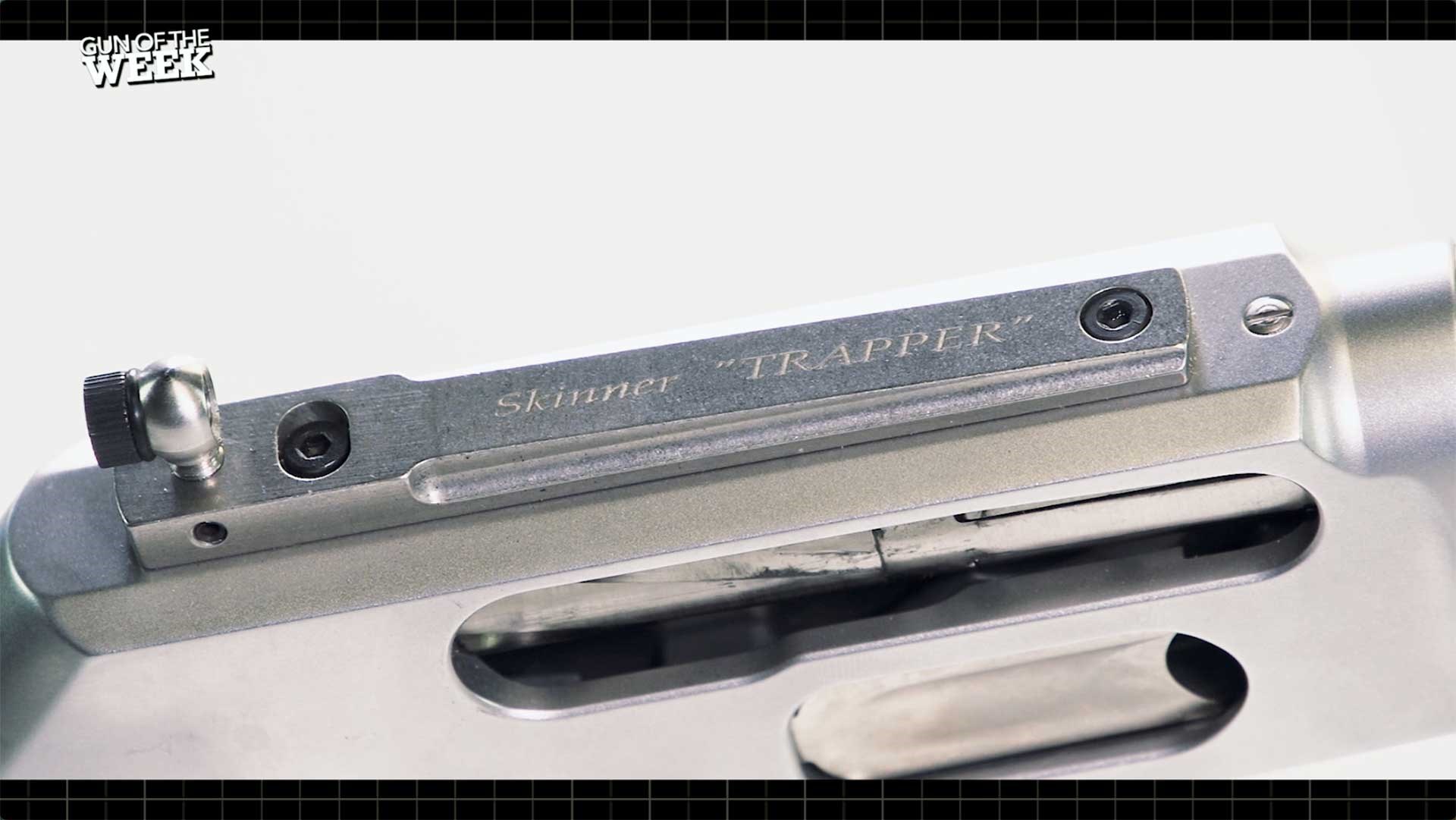 Top of Marlin 1895 Trapper receiver shown with its Skinner "Trapper" ghost-ring rear sight mount.