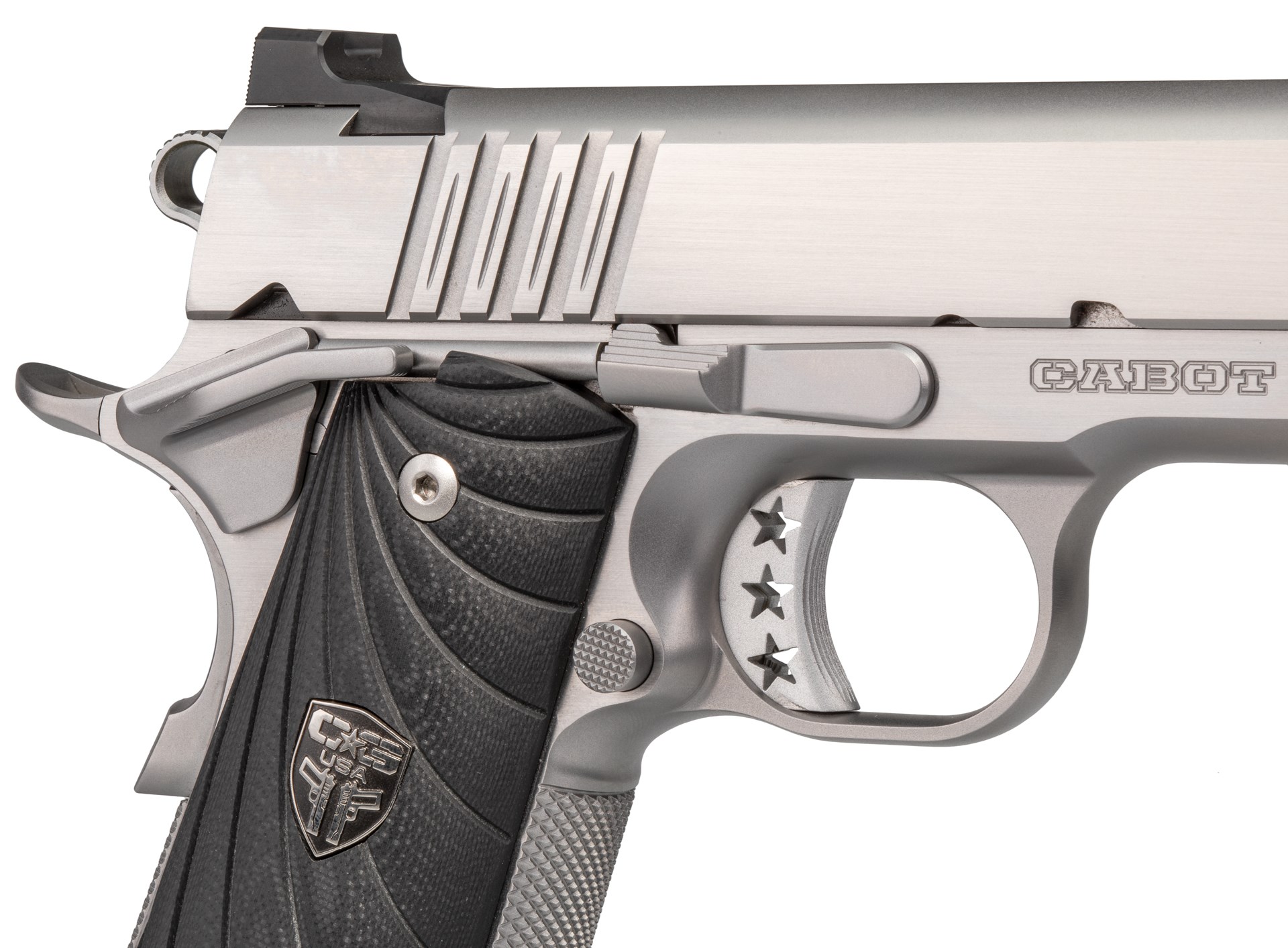 cabot guns southpaw m1911 pistol handgun on white closeup detail focus on tirgger and right-side g10 black stocks