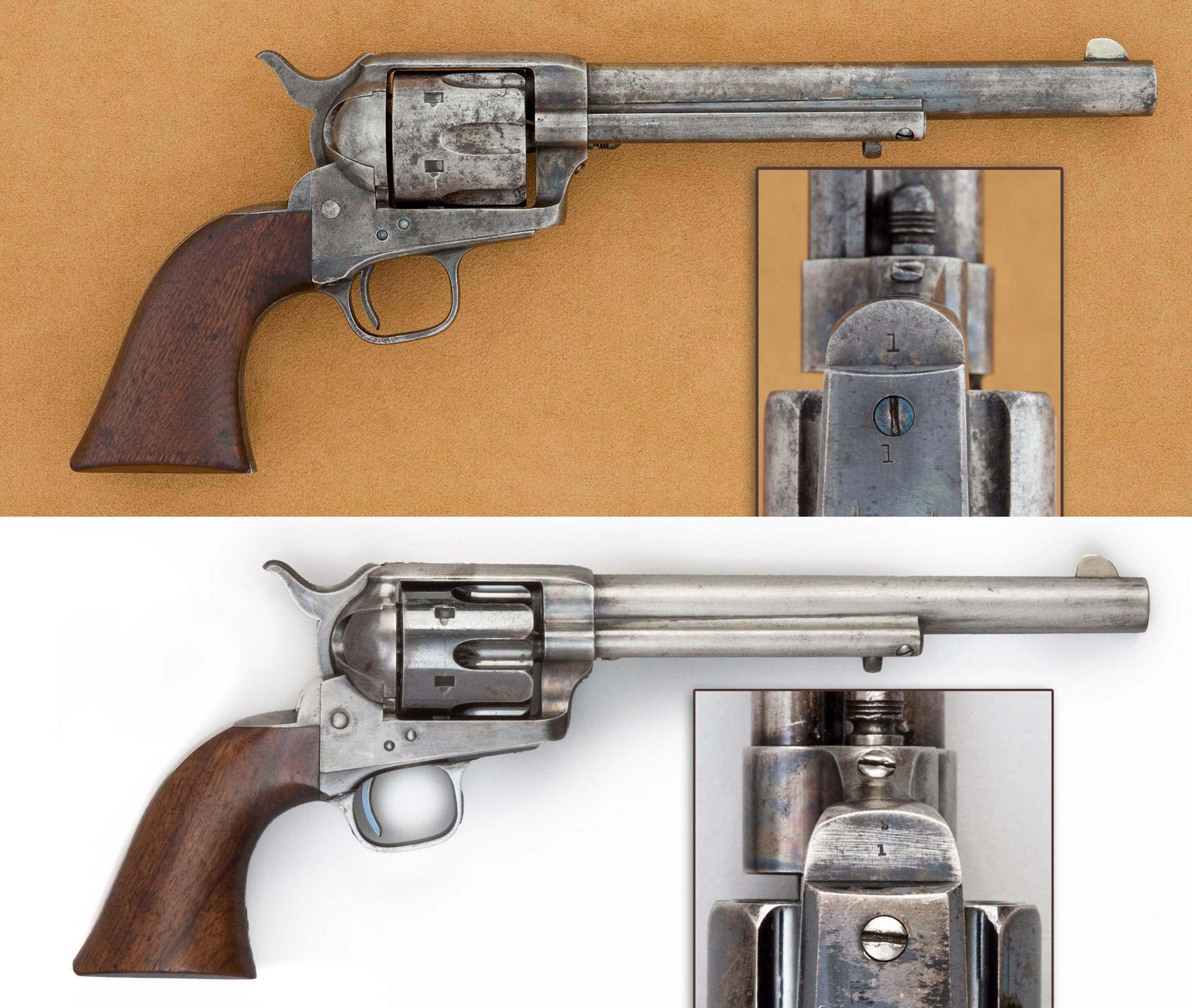 serial number one colt single action army revolver two old guns top bottom inset detail image stamp metal vintage