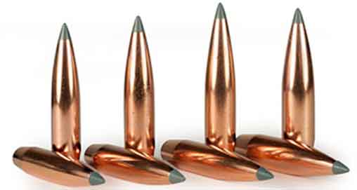 Nosler AccuBond Long Range bullets are currently available in most popular calibers. Shown are (from l. to r.): 129-gr., 0.264”; 150-gr.,  0.277”; 168-gr., 0.284”; and 190-gr., 0.308”.