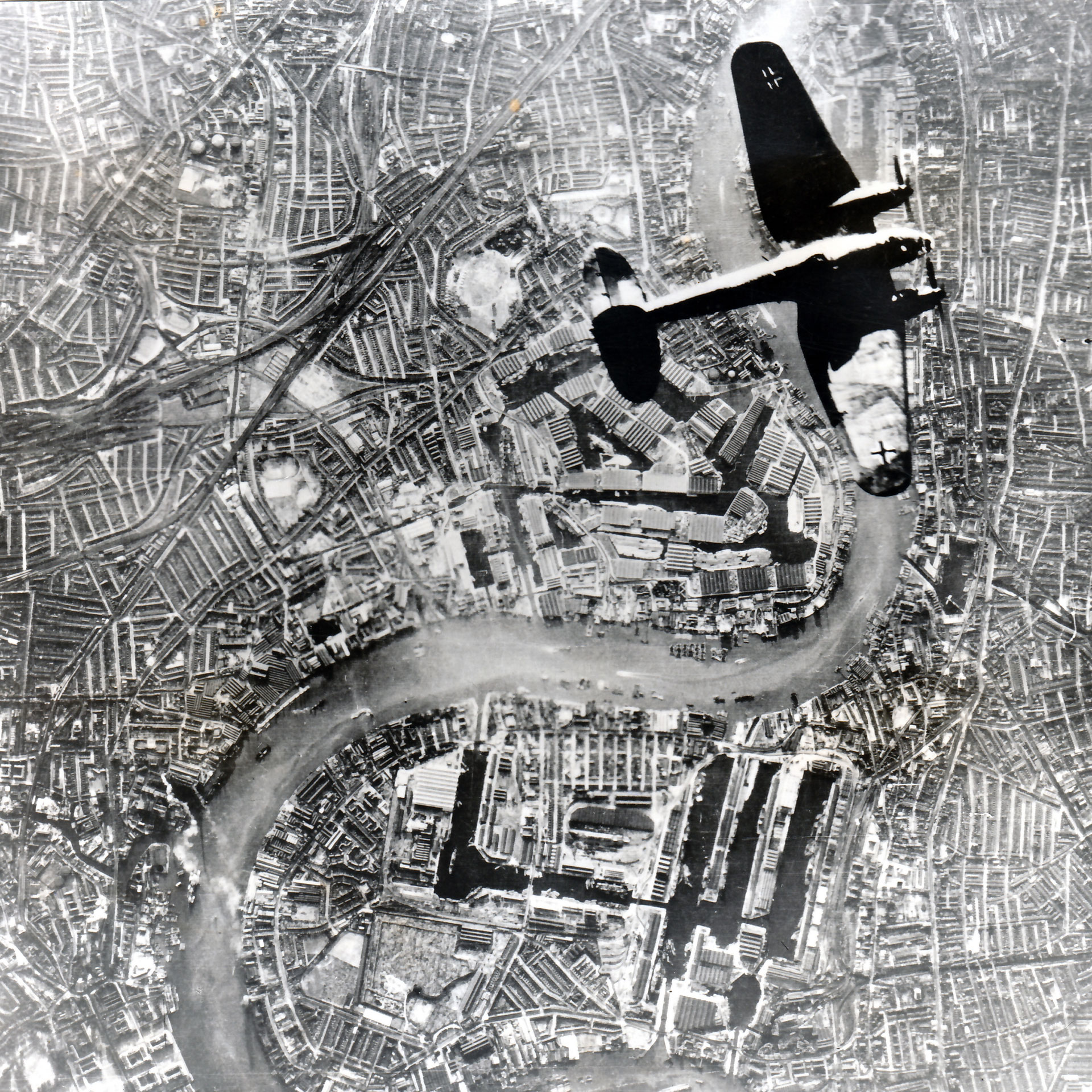 Luftwaffe over London:  A German Heinkel He 111 bomber over the British capitol. NARA