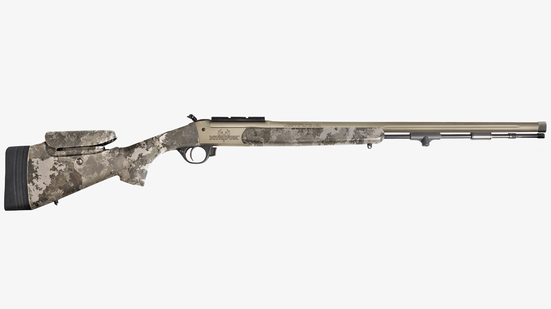 Right side of the Traditions Pro Series muzzleloader with a camouflage finish.