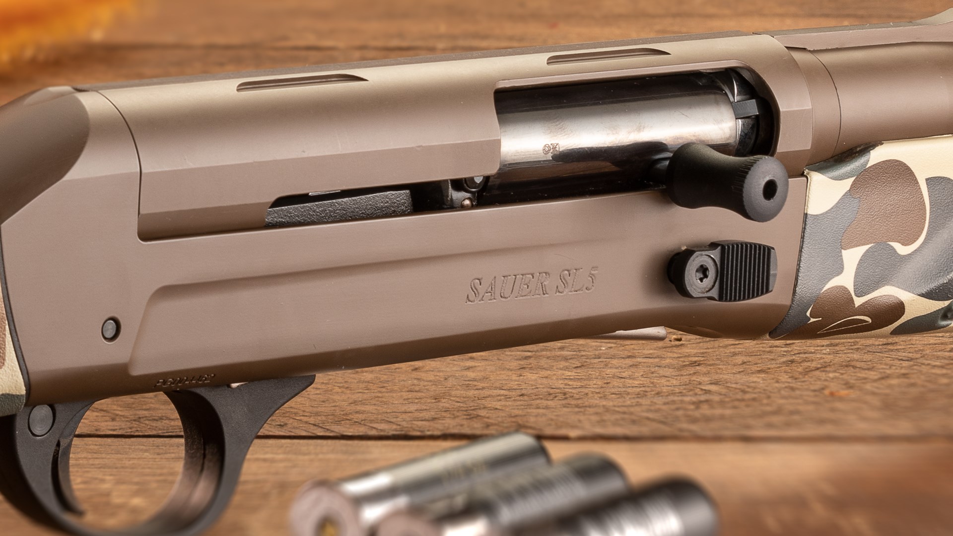 Sauer SL5 shotgun receiver Brown Cerakote finish 12 gauge hunting wood ammunition camo