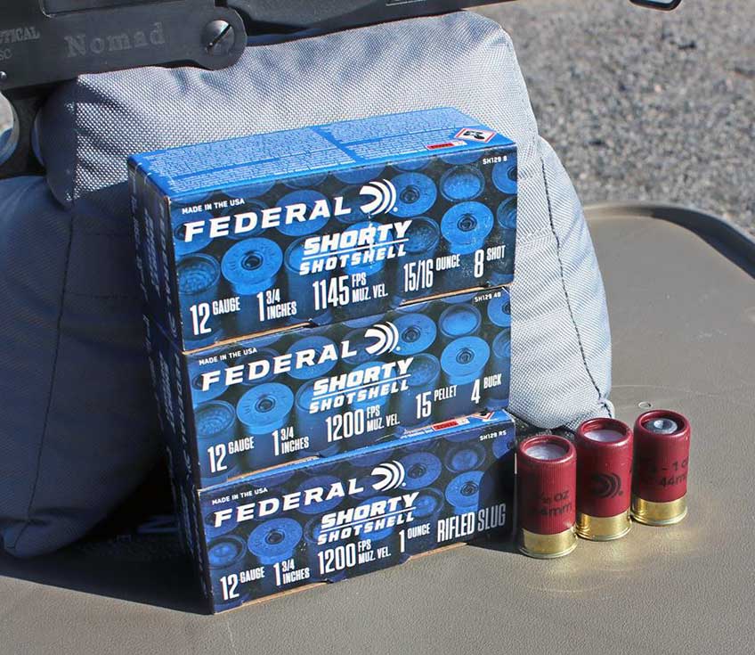 Federal Premium Shorty Shotshell boxes row stack outdoors table