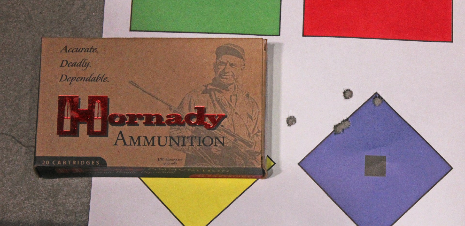 Hornady ammunition box shown with colorful target and bullet holes accuracy group