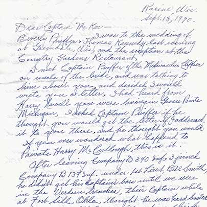 The first page of Pvt. Harry A. McCullough&#x27;s 6-page letter to Capt. McKee from Sept. 1970.