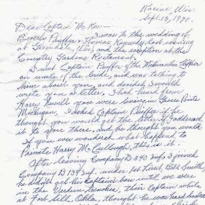 The first page of Pvt. Harry A. McCullough&#x27;s 6-page letter to Capt. McKee from Sept. 1970.