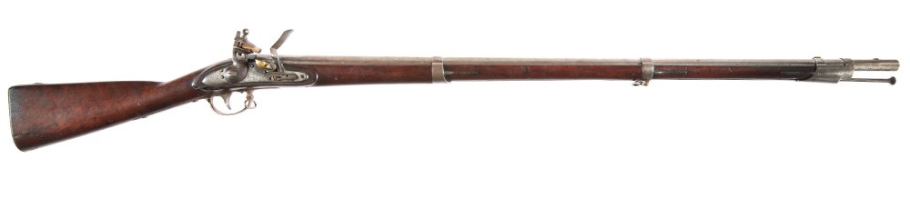 Model 1816 Springfield flintlock smoothbore longarm right-side view with wood stock brass parts right-side lock