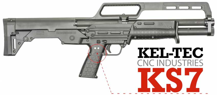 Right side black shotgun plastic steel gun words on image noting kel-tec industries KS7