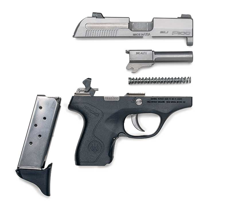 A Beretta Pico disassembled on white, showing slide, barrel, recoil spring assembly, frame and magazine.