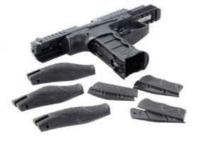 The ergonomically sound VP9 is HK's latest striker-fired pistol, but borrows features from both the USP and P30 designs. Packed with each VP9 are three different backstraps of varying sizes along with three different sizes of the grip panels. These make the gun extremely customizable to the individual user's hand.