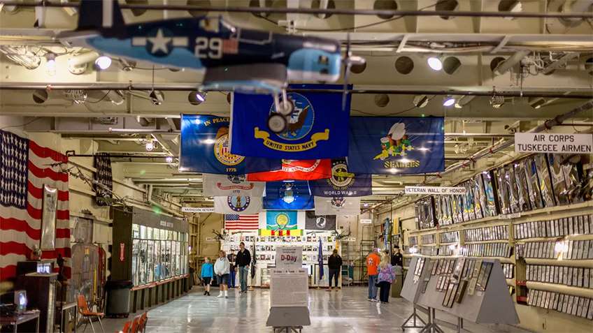 The inside of the U.S.S. LST 393's tank deck set up as a museum today.