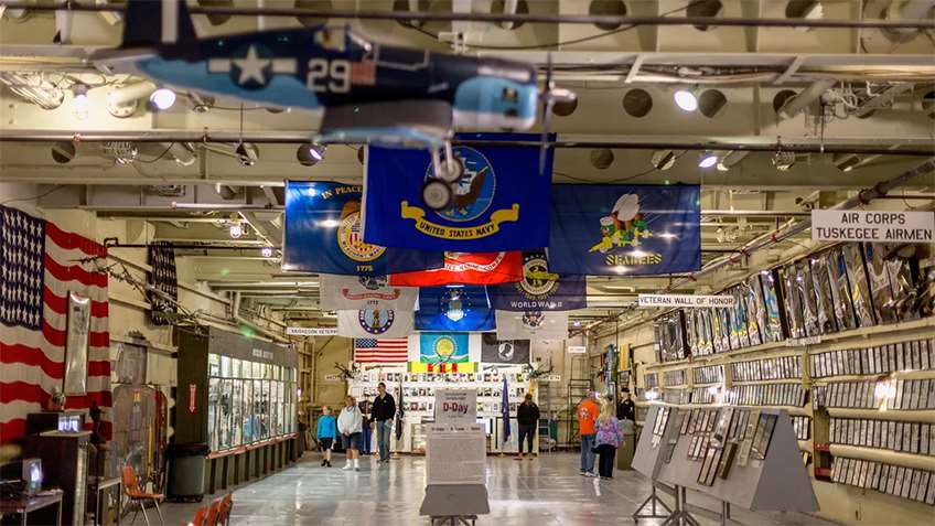 The inside of the U.S.S. LST 393&#x27;s tank deck set up as a museum today.