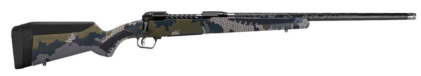 Right-side of bolt-action rifle camo stock carbon barrel white background