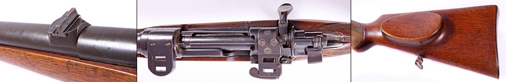 Mauser “Cigarette” Rifle features three images side by side row arrangement rifle detail close action barrel metal wood mauser