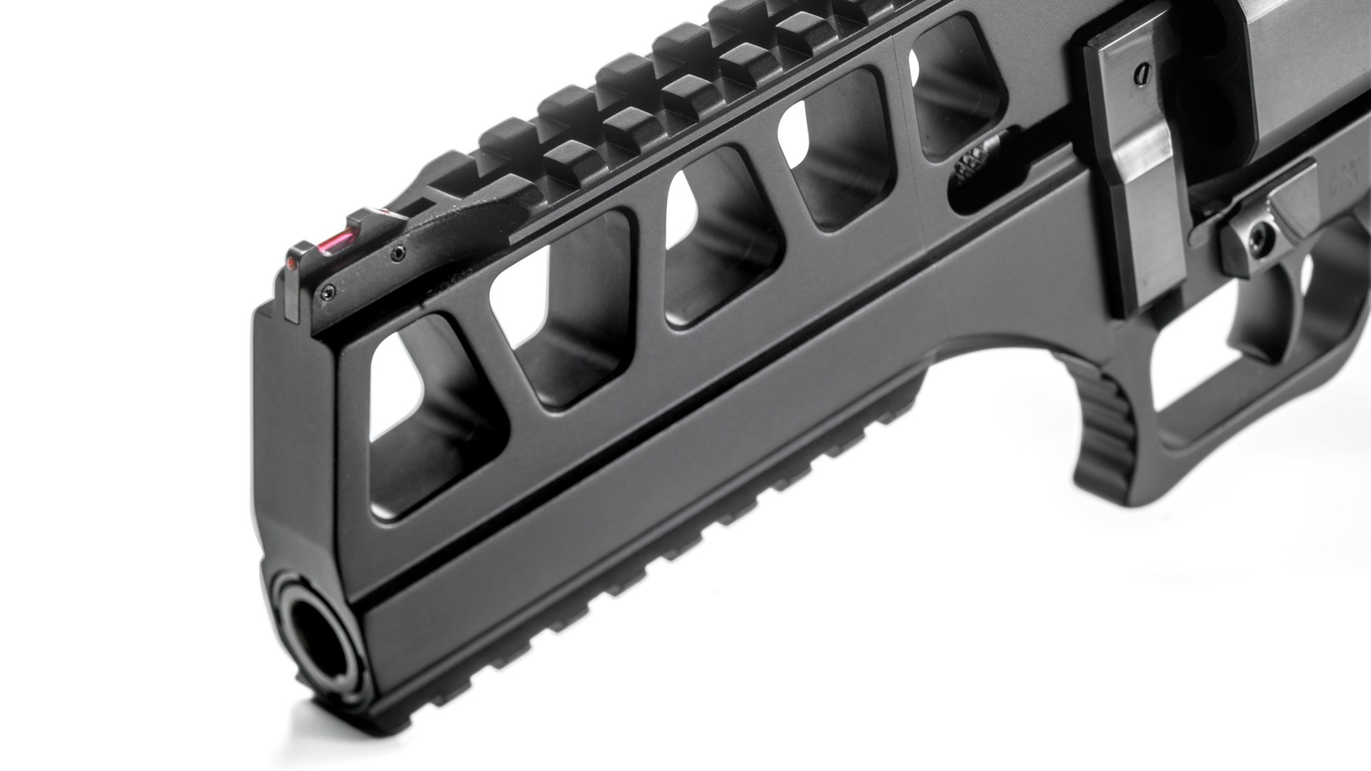 Front sight and muzzle on the all-black Chiappa Rhino 60DS revolver.