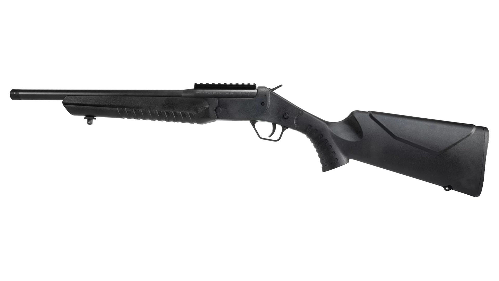 Rossi USA Lightweight Carbine (LWC) left-side view on white single-shot black rifle compact gun black synthetic stock Picatinny rail hammer spur
