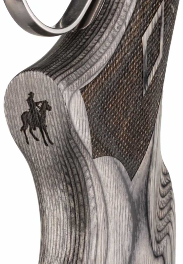 gray and black laminated wood gunstock with checkering diamond and horse/rider Marlin Firearms logo