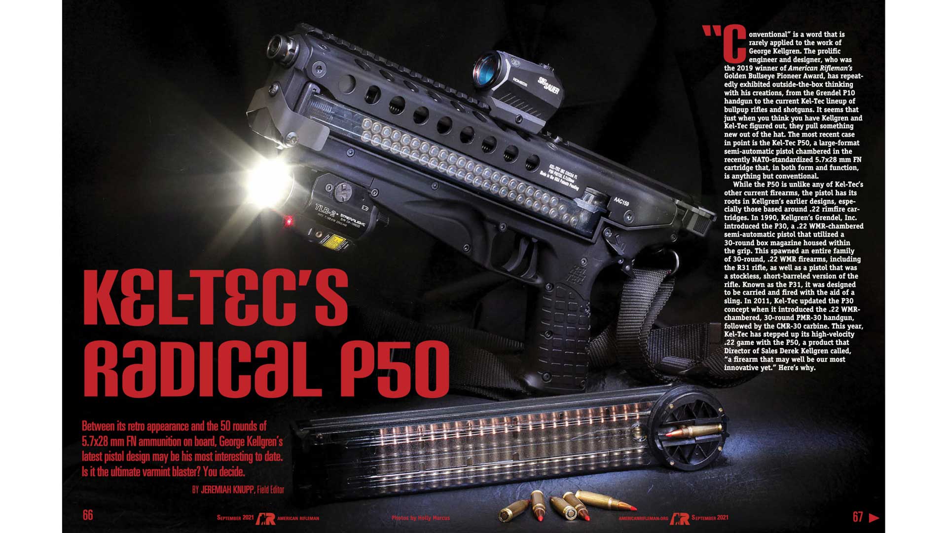 Kel-Tec P50 handgun magazine article spread text and gun with accessories such as light magazine ammunition black background