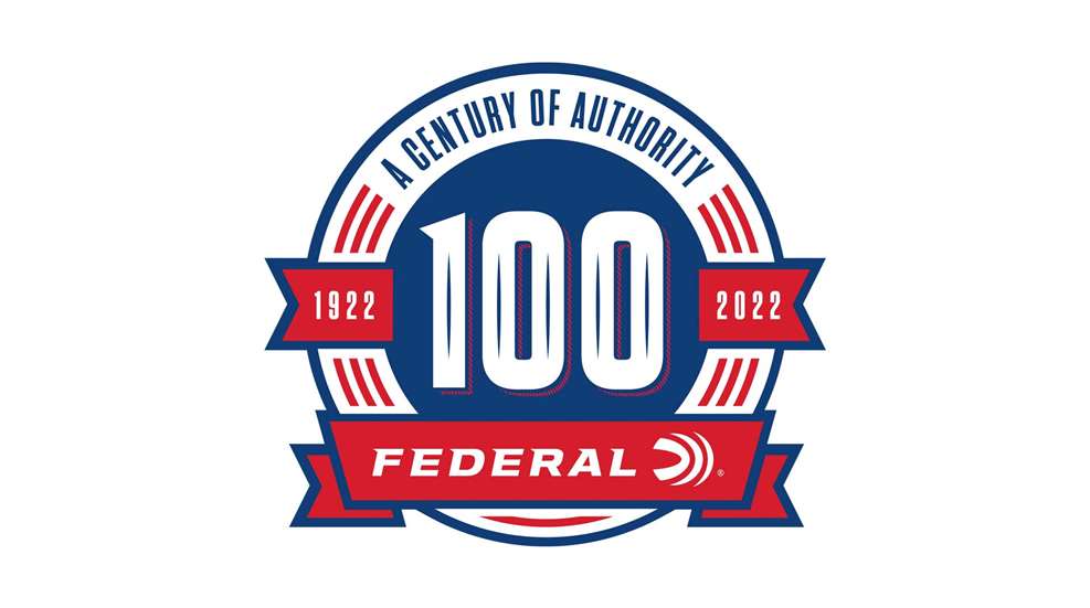 Federal Premium 100th Anniversary logo red white blue text on image noting "A CENTURY OF AUTHORITY, 1922, 2022, 100