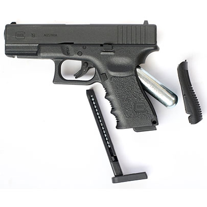 The Umarex Glock 19 Gen 3 BB pistol is powered by a 12-g. CO2 cartridge that fits into the grip and holds 15 BBs in its magazine.