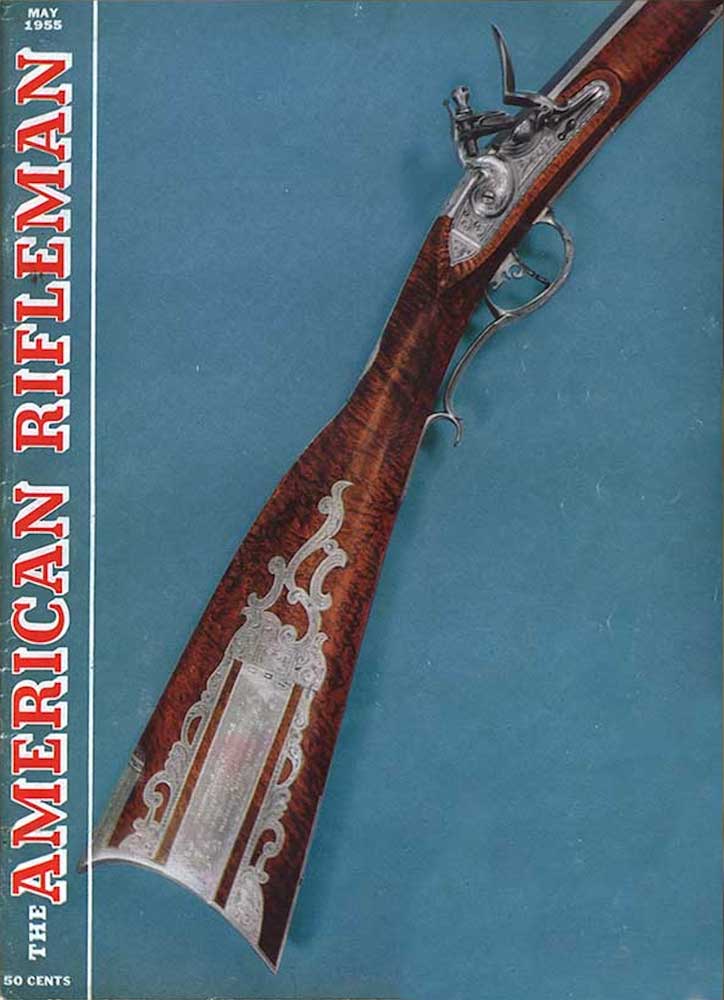 may 1955 magazine cover of American Rifleman blue paper red text brown rifle gun musket engraving details artisan craftsman