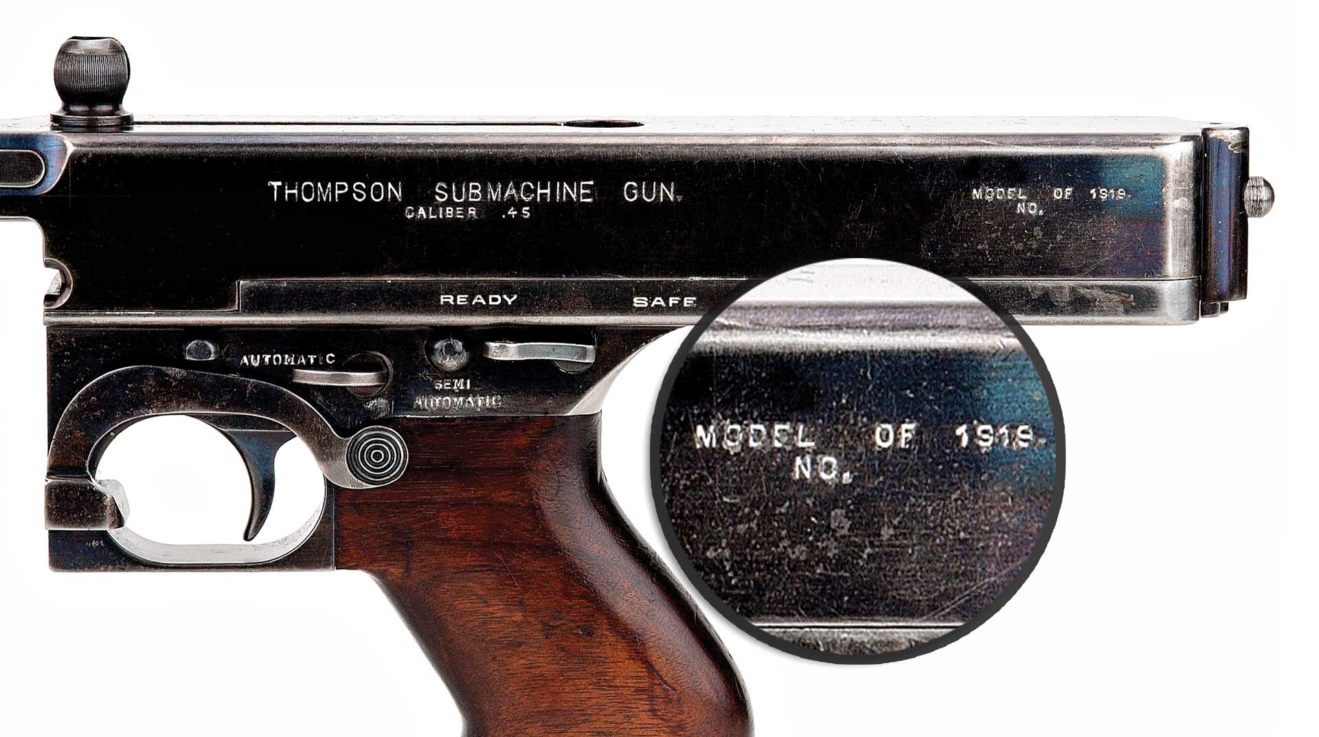 This Model of 1919 Thompson, an Annihilator III, Model G, never had a factory-stamped serial number applied. It is merely stamped “NO.”