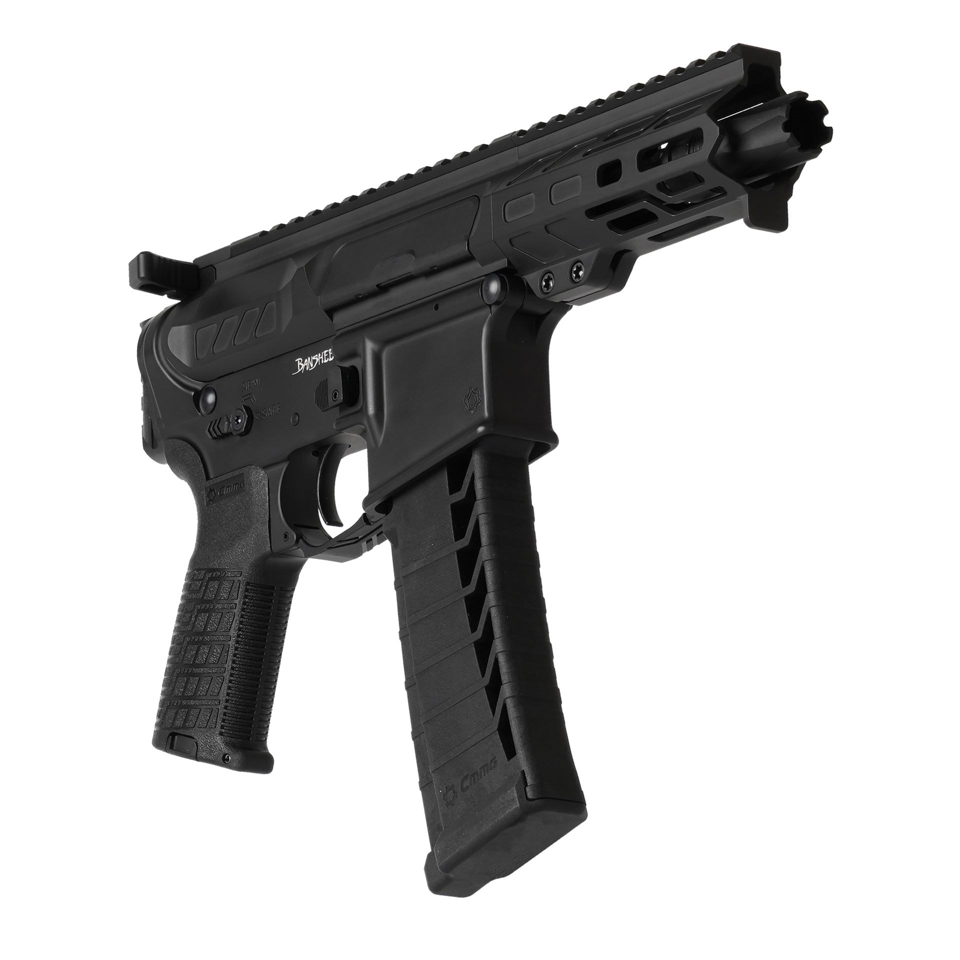 Dynamic view of CMMG Mk4 pistol quartering view black gun handgun 22lr